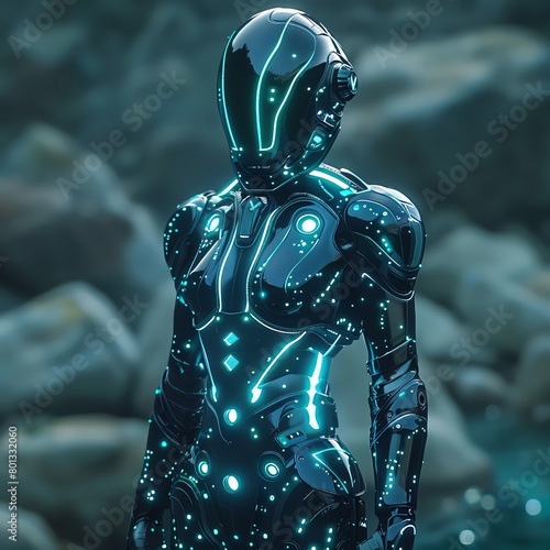 Design a sleek, form-fitting scuba suit in iridescent blues and greens, incorporating bioluminescent details for a high-tech underwater look that glows in the dark