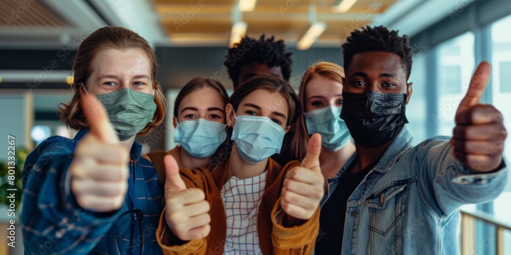 Obraz premium Thumbs up, covid pandemic, and mask-wearing businesspeople display positivity. Coronavirus pandemic, advertising or marketing firm health and safety strategy