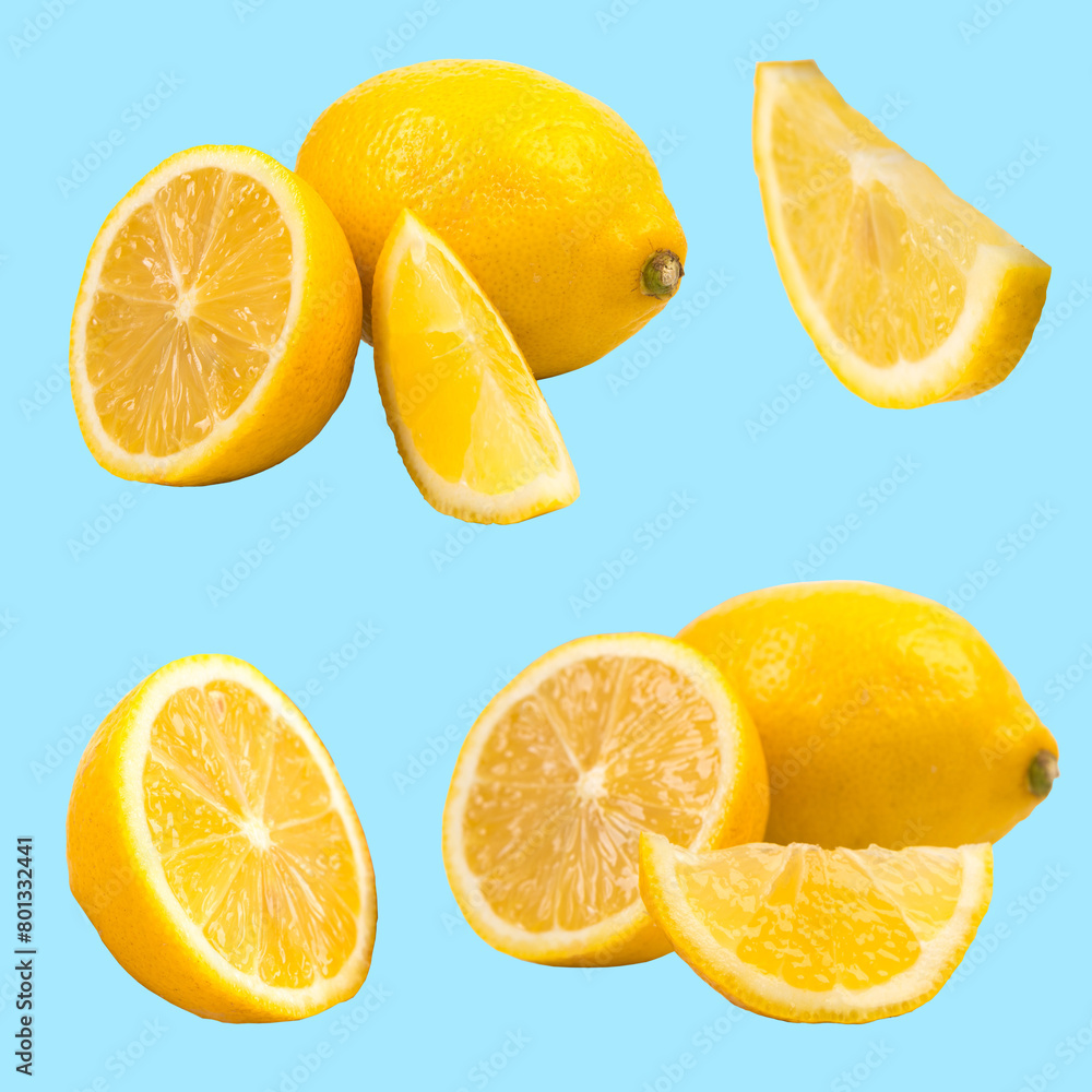 Set of fresh whole and cut Lemon and slices isolated on blue background. From top view. Set of fresh whole and cut Lemon and slices isolated on blue background. From top view.