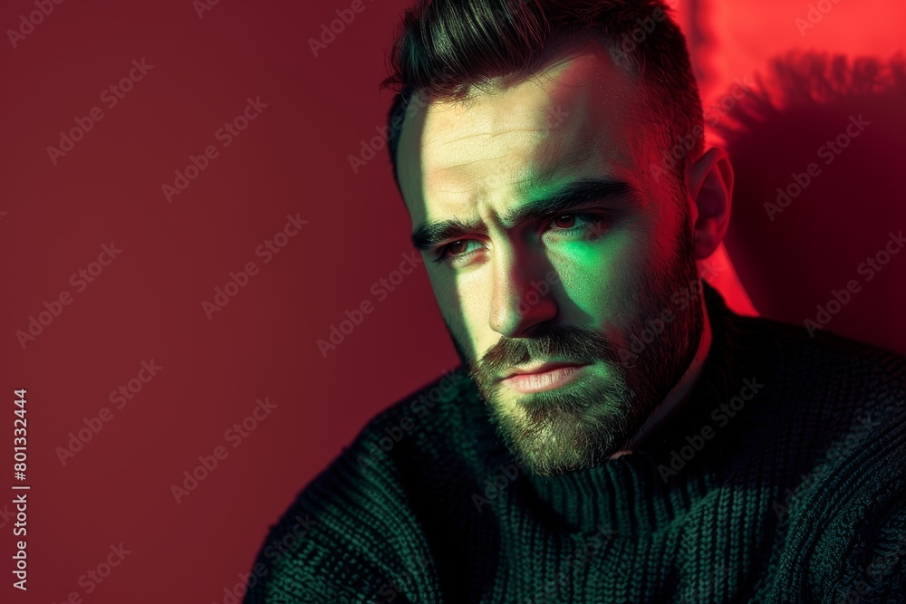 Fashion, face, and contemporary man in studio with red background, green light, style, and elegance. Man model, handsome portrait, young or edgy, creative or stylish. Fashion, face, and contemporary man in studio with red background, green light, style, and elegance. Man model, handsome portrait, young or edgy, creative or stylish.