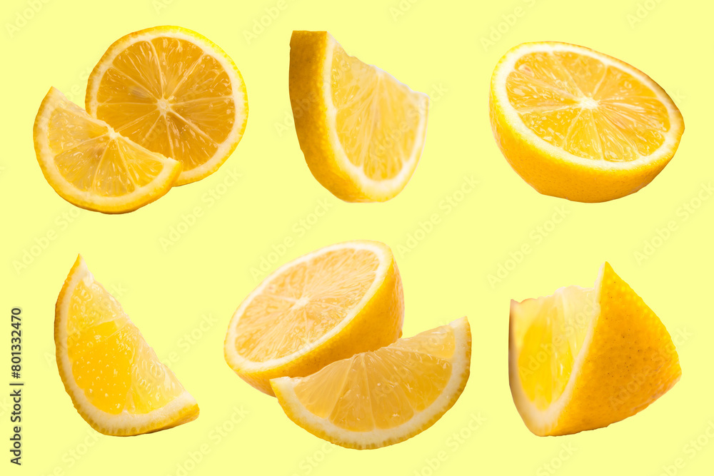 Set of fresh whole and cut Lemon and slices isolated on Yellow background. From top view. Set of fresh whole and cut Lemon and slices isolated on Yellow background. From top view.