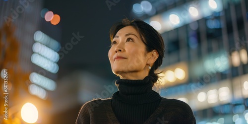 Asian woman looking up in the city for freelancer, commuting, and urban travel. Confident, cheerful female entrepreneur seeking discovery and leadership © LukaszDesign