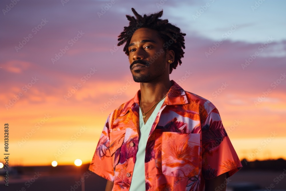 Fototapeta premium Portrait of a content afro-american man in his 30s donning a trendy cropped top isolated in vibrant sunset horizon