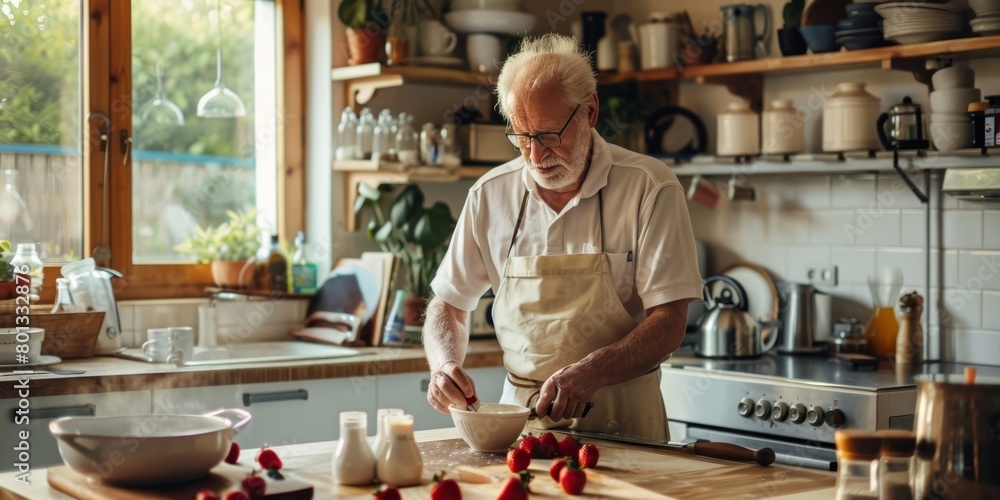Senior man cooks and bakes healthy breakfast and dessert cake. Senior, chef, or baker at home with fruit, milk, or eggs in recipe or product Senior man cooks and bakes healthy breakfast and dessert cake. Senior, chef, or baker at home with fruit, milk, or eggs in recipe or product