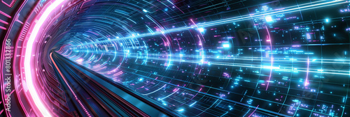 Long panoramic display of a quantum tunnel, lined with glowing energy and data streams.