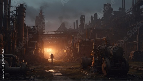 Industrial Graveyard: A massive, abandoned industrial complex with rusting machinery and pipelines. Smoke fills the air, illuminated by distant lights and casting an eerie glow. The occasional survivo photo