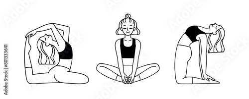Vector illustration set of women with wavy hair practicing yoga. Cartoon outline drawing with female characters isolated on white background. Mermaid Pose, Lotus pose, Camel Pose.
