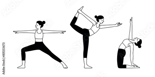 Vector illustration set of women practicing yoga, stretching in different poses. Line art drawing of cartoon female characters. Dancer pose, Camel pose, Warrior pose. Healthy lifestyle concept.