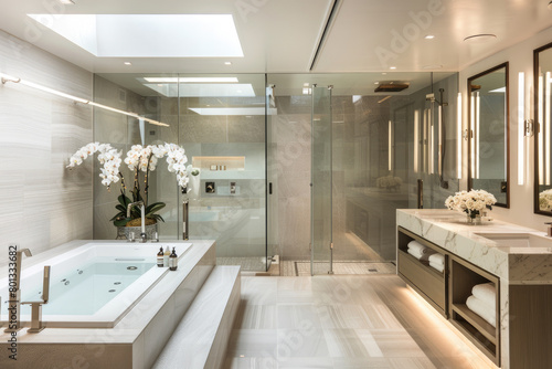 A spacious bathroom with a large glassed-in steam room, a modern vanity area and tub on the left side of the picture, a skylight above the bathtub for natural light