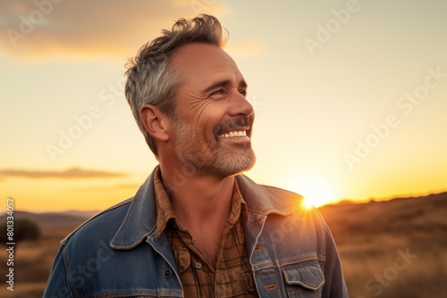 Portrait of a grinning man in his 50s sporting a versatile denim shirt while standing against vibrant sunset horizon