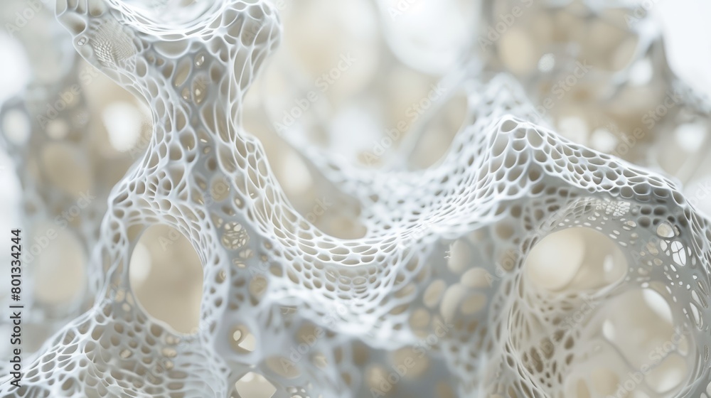 Studio shot illustrating the process of scaffolding in tissue engineering, showing the detailed mesh structures that support cell growth, depicted in a realistic manner Studio shot illustrating the process of scaffolding in tissue engineering, showing the detailed mesh structures that support cell growth, depicted in a realistic manner