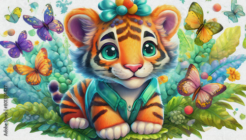 oil painting style CARTOON CHARACTER CUTE baby Tiger cub with butterflies isolated on white background Close up photo