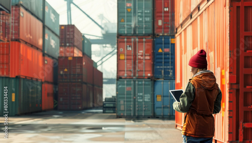 Man with tablet computer standing in front of shipping containers wearing red hat