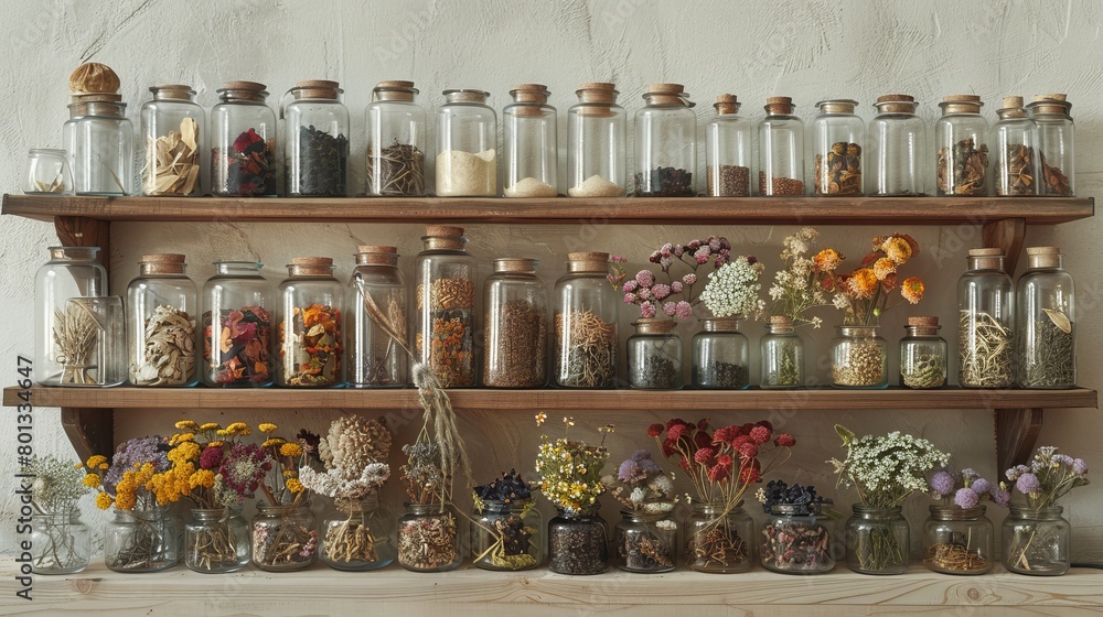 Wooden Shelves with Organized Jars of Dried Flowers and Spices. Generative ai Wooden Shelves with Organized Jars of Dried Flowers and Spices. Generative ai