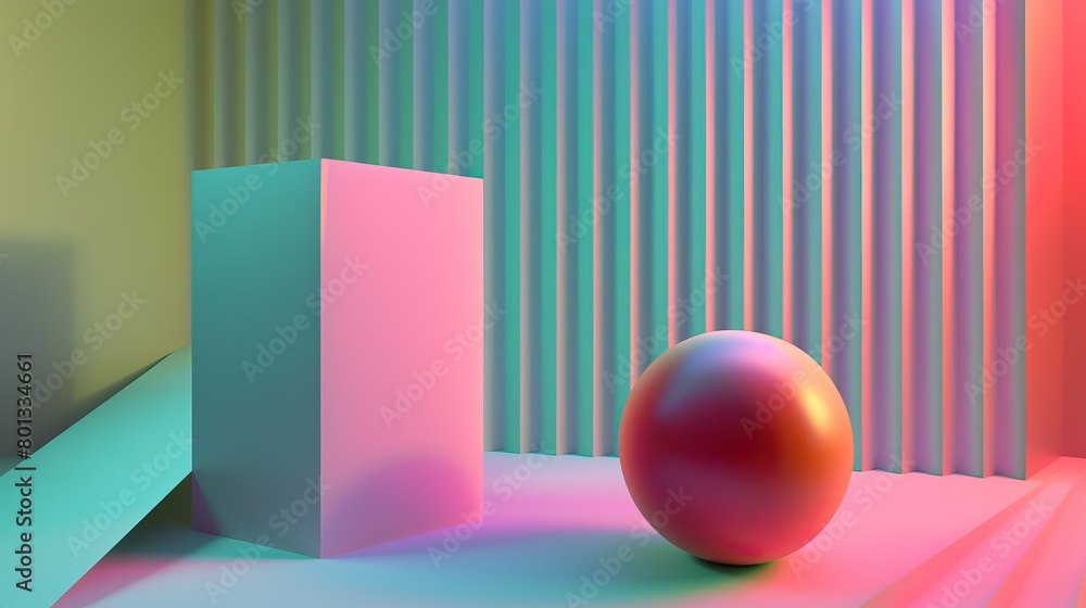 3D rendering of a pink and blue geometric shape with a pink sphere on a blue plane. The background is a gradient of pink and blue. 3D rendering of a pink and blue geometric shape with a pink sphere on a blue plane. The background is a gradient of pink and blue.