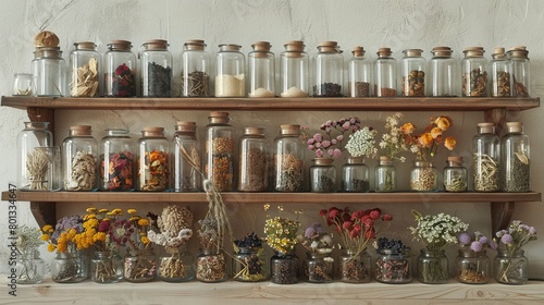 Wooden Shelves with Organized Jars of Dried Flowers and Spices. Generative ai