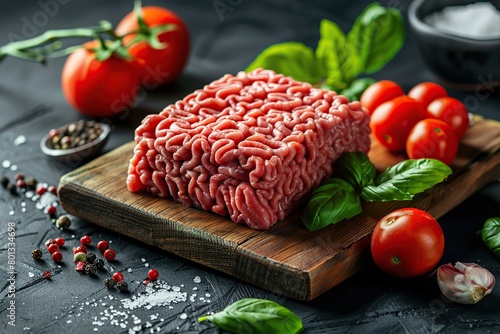 Raw minced meat, forcemeat on black stone background, spices, tomato, herbs. Prime ground meat. Fresh red mince with pepper, salt. Dark cutting board. Food magazine style. Chief menu BBQ. Diner recipe photo