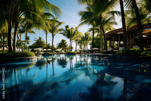 Luxurious resort pool surrounded by lush Fan Palm trees, reflecting in calm blue water     Generative Ai, © Ajrak