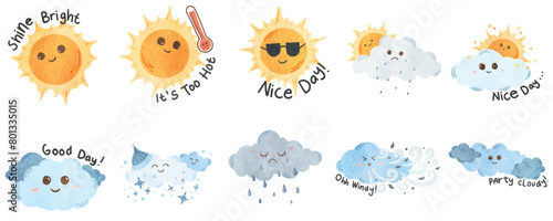 Weather icons set in line style  Weather isolated on white background. Clouds logo and sign  watercolor illustration