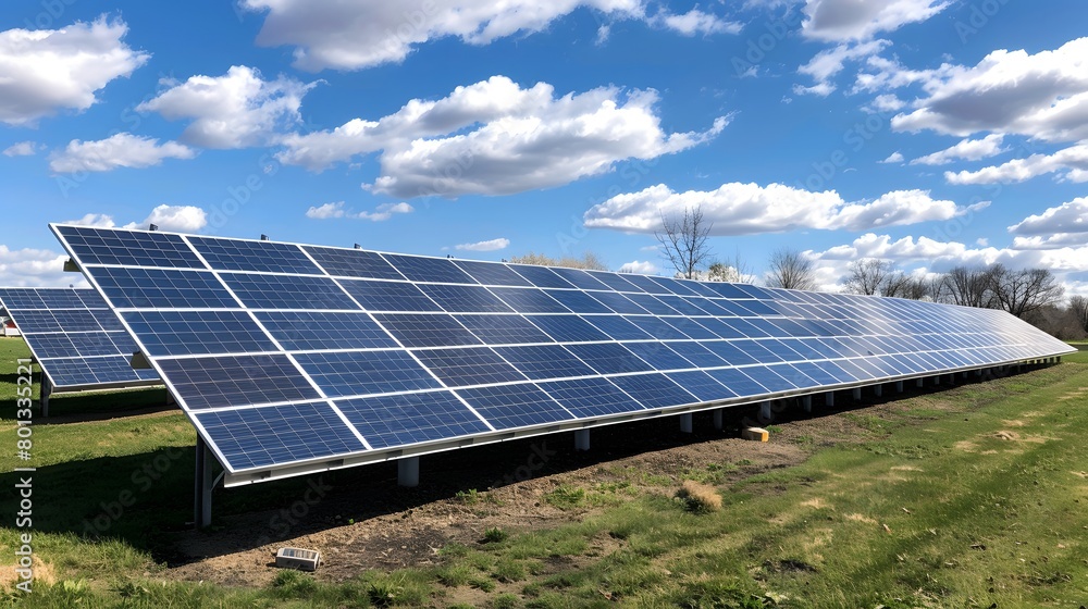 A sprawling solar panel installation under a partly cloudy sky A sprawling solar panel installation under a partly cloudy sky