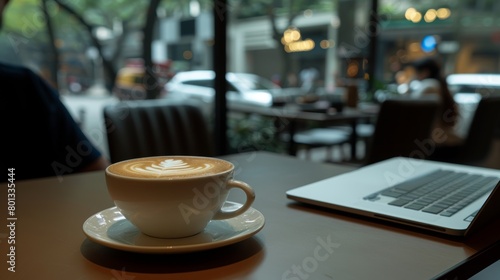 Man with beard savoring coffee at cafe table  blurred background with space for text placement