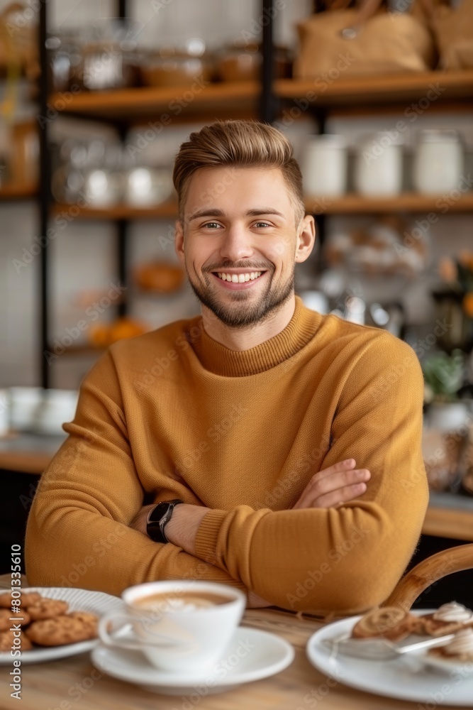Bearded man enjoying coffee at table in cafe with blurred background, copy space available Bearded man enjoying coffee at table in cafe with blurred background, copy space available