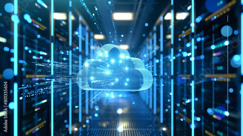3D rendering of Cloud technology concept with digital data and cloud security in a modern server room background, with a blue light effect