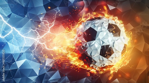 On an abstract polygonal background, there is a burning soccer ball and water with lightning all around. text spaced in a horizontal arrangement. photo