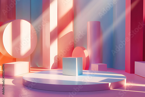 3d rendering, abstract background with assorted geometric shapes and square podium for product presentation. Showcase scene illuminated with the sunlight rays