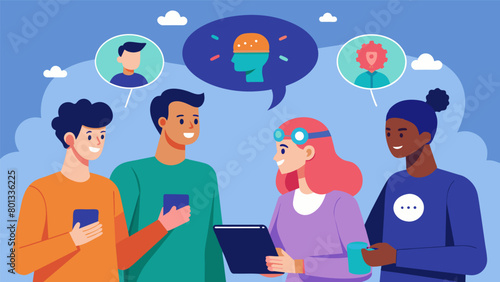 A group of friends using neurotech technology to improve their communication and understanding during a heated discussion leading to a more harmonious.