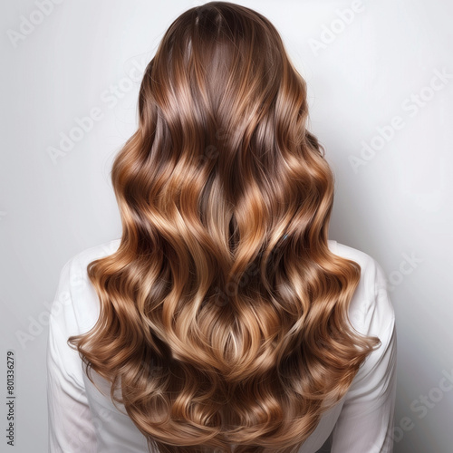 Studio photo of shiny wavy balayage hair displayed against a white background, highlighting the elegant blend of colors and the lustrous, flowing waves of the hairstyle. 