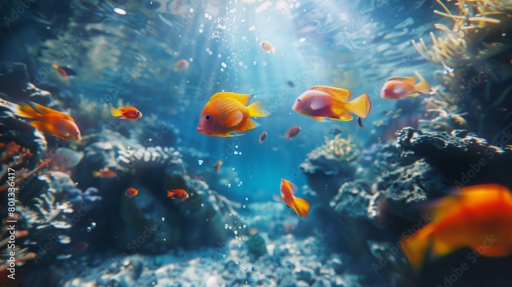 Underwater Serenity: A Colorful School of Fish Amidst the Vast Ocean. Nature's Aquatic Tapestry Unfolding.