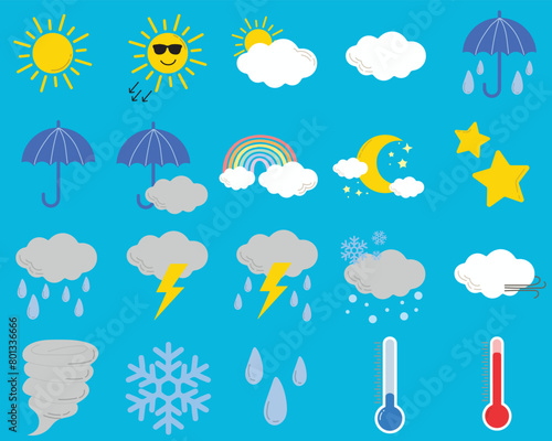 Weather icons set in line style, Weather isolated on blue background. Clouds logo and sign, vector illustration