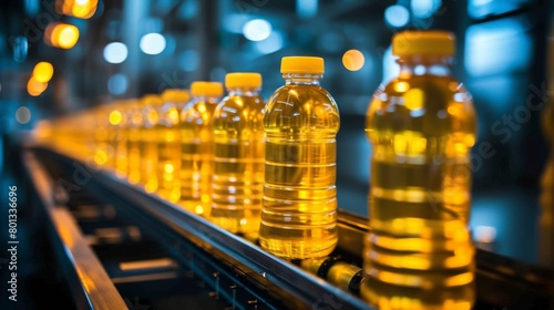 Vegetable oil production bottles filled with golden oil lined up on a conveyor belt, ready for packaging