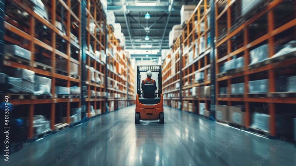 Smart warehouse worker or operator driving forklift and lifted product surrounded with box at storage. Professional engineer working in ware house while using machine carry or transport box. AIG42.