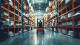 Smart warehouse worker or operator driving forklift and lifted product surrounded with box at storage. Professional engineer working in ware house while using machine carry or transport box. AIG42.
