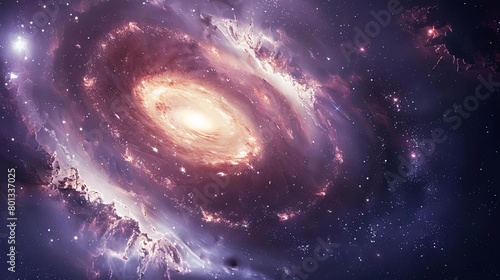 a spiral galaxy with a prominent cluster of stars  surrounded by a dark dust lane and a faint star