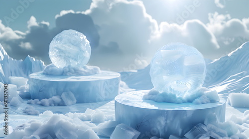 2 stacks mockup of Cool Blue Ice Podium, crystal clear, front view focus, amidst a Snowy Winter Wonderland Background, magical and serene for cool tone products, banner for advertising