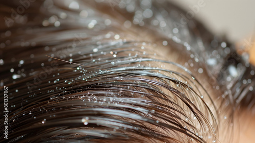 Close-up photograph of a greasy scalp, focusing on the oily hair roots, providing a detailed view of the scalp condition typically associated with excess sebum production.
 photo