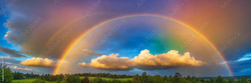 Rainbow in the sky over the forest. Panoramic image Rainbow in the sky over the forest. Panoramic image