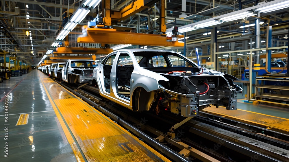 Car bodies on an assembly line in a modern factory