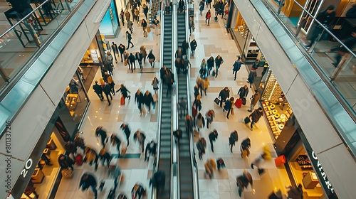An aerial view of a shopping mall with consumers walking with shopping bags photo