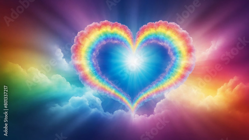 Rainbow heart with sun rays and clouds  valentine background