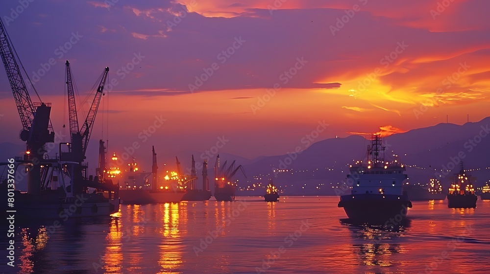 Dusk descends on a bustling port with fiery skies reflecting on tranquil waters