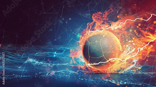 Abstract polygonal background with a burning volleyball and lightning surrounding it. horizontal arrangement with room for text. photo