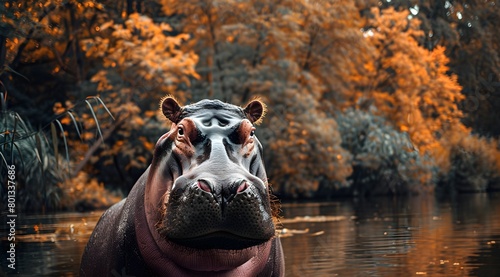 close-up photo of a hippopotamus in a pond in a lake in a national park, bokeh, background blur