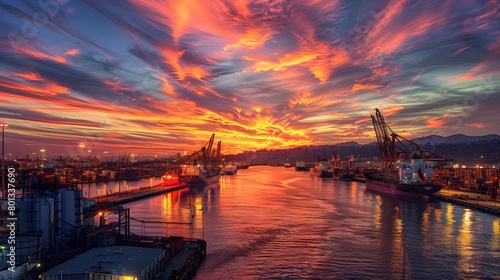 Fiery skies over an industrial port at dusk