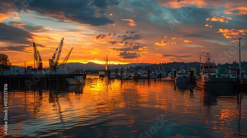 Fiery sunset over a serene harbor © Demok