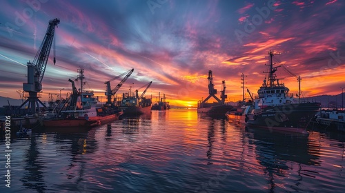 Fiery sunset over a tranquil harbor with ships and cranes