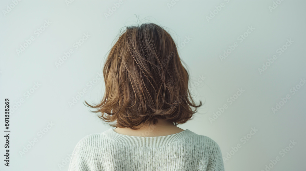 Back view of a cute Japanese salon model with her hair arranged in a stylish natural brown ash color, photographed against a white background with soft lighting enhancing the hair's texture and hue.
Back view of a cute Japanese salon model with her hair arranged in a stylish natural brown ash color, photographed against a white background with soft lighting enhancing the hair's texture and hue.